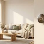 Thermostat intelligent mural affichant 72°F dans un salon moderne et lumineux avec canapé beige.