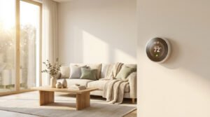 Thermostat intelligent mural affichant 72°F dans un salon moderne et lumineux avec canapé beige.