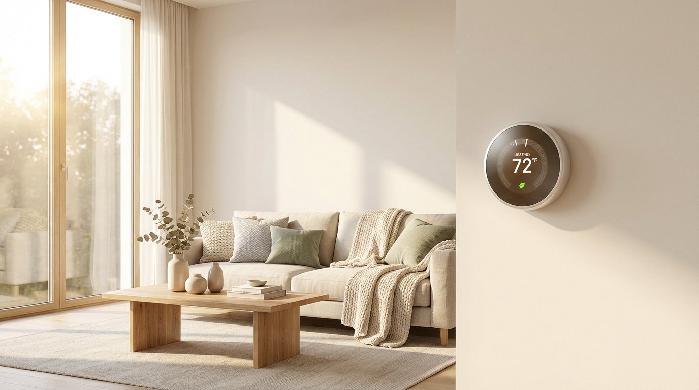 Thermostat intelligent mural affichant 72°F dans un salon moderne et lumineux avec canapé beige.