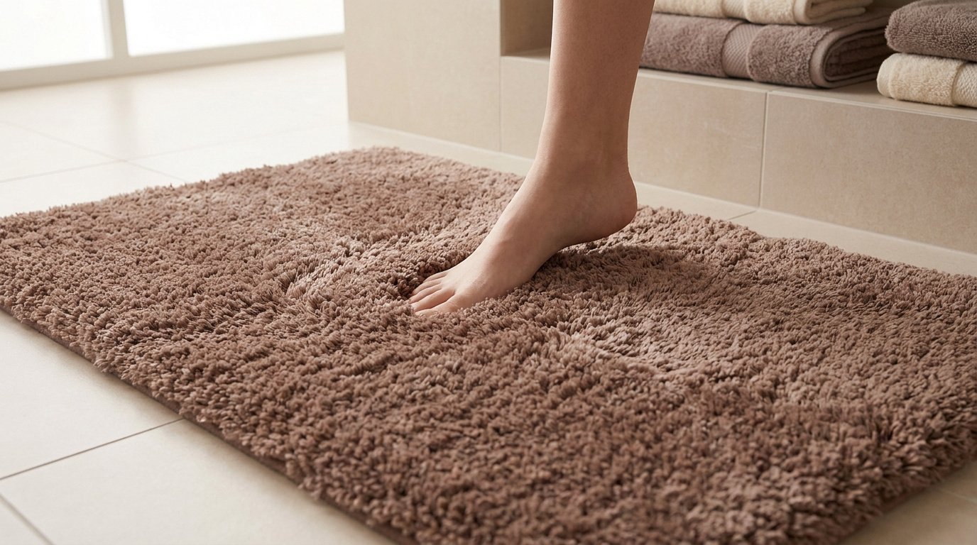 Pied nu posé sur un tapis de salle de bain en fibres douces et marron dans une salle de bain moderne.