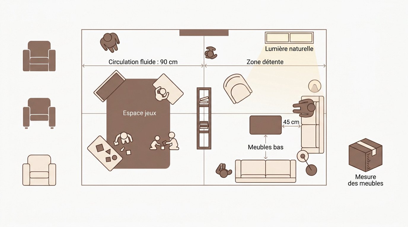 Plan d'aménagement d'un salon familial avec zones de circulation et mobilier modulable