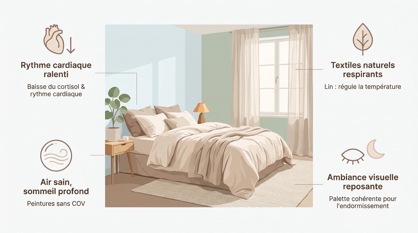 Chambre parentale apaisante avec linge de lit en lin et tons vert sauge