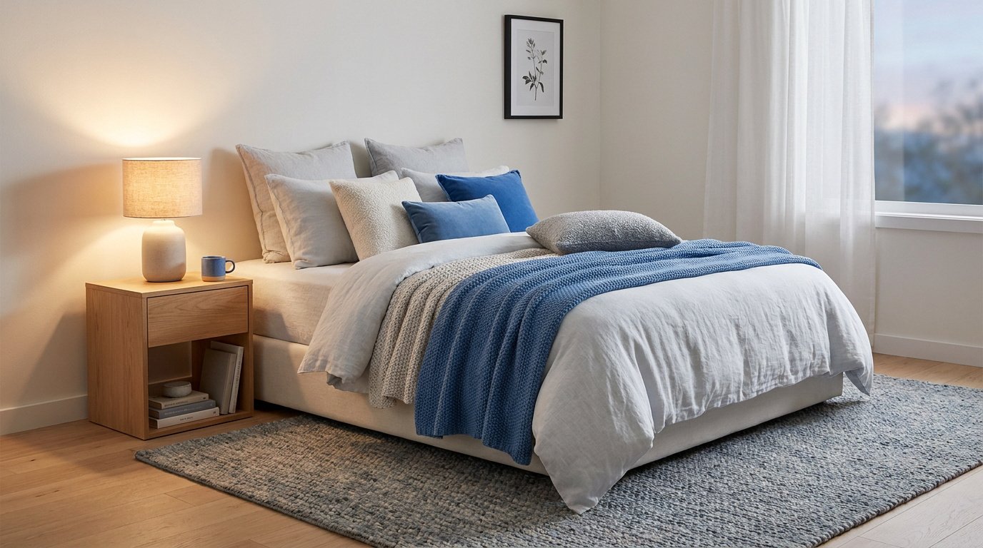 Lit confortable avec des coussins bleus et neutres, table de chevet en bois et tapis gris dans une chambre lumineuse.