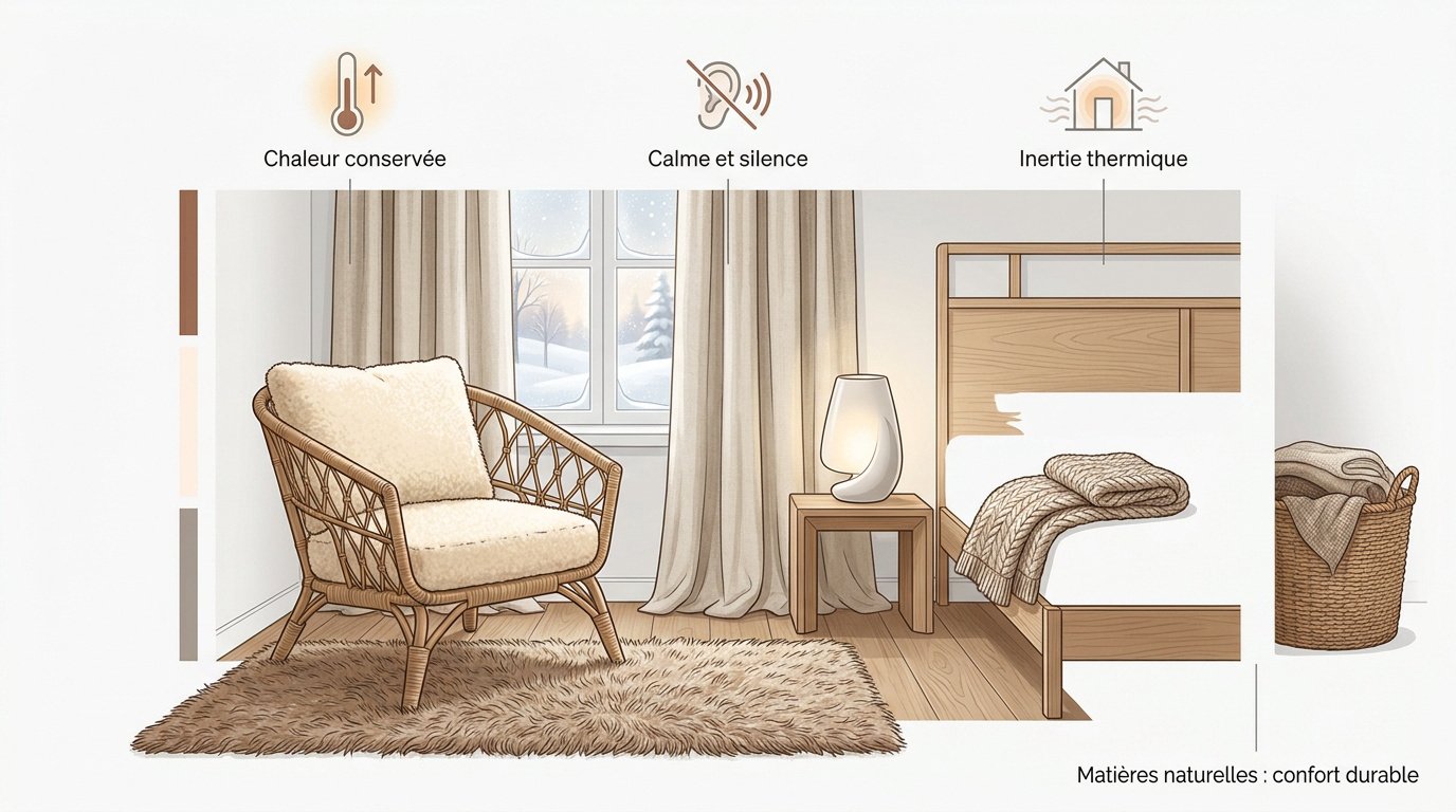 Chambre cocooning hivernale avec textiles en laine et mobilier en bois massif
