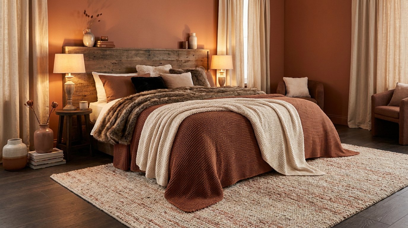Une chambre cosy avec des murs terracotta, un lit douillet avec jeté en fourrure et des lampes de chevet tamisées.
