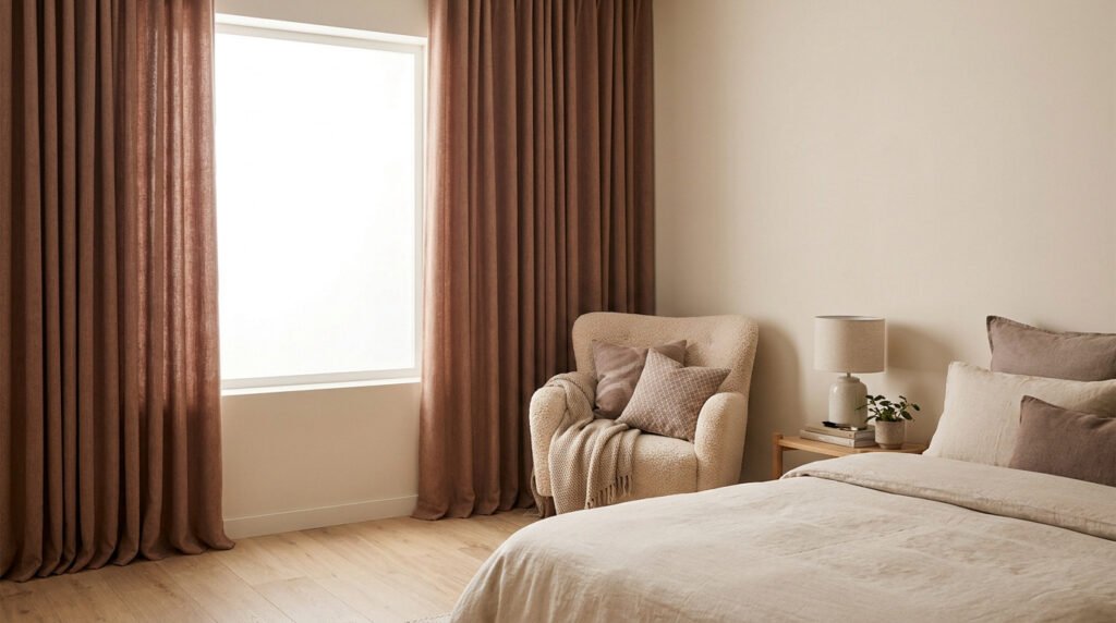 Chambre moderne avec rideaux marron texturés, un fauteuil confortable et un lit aux tons neutres.