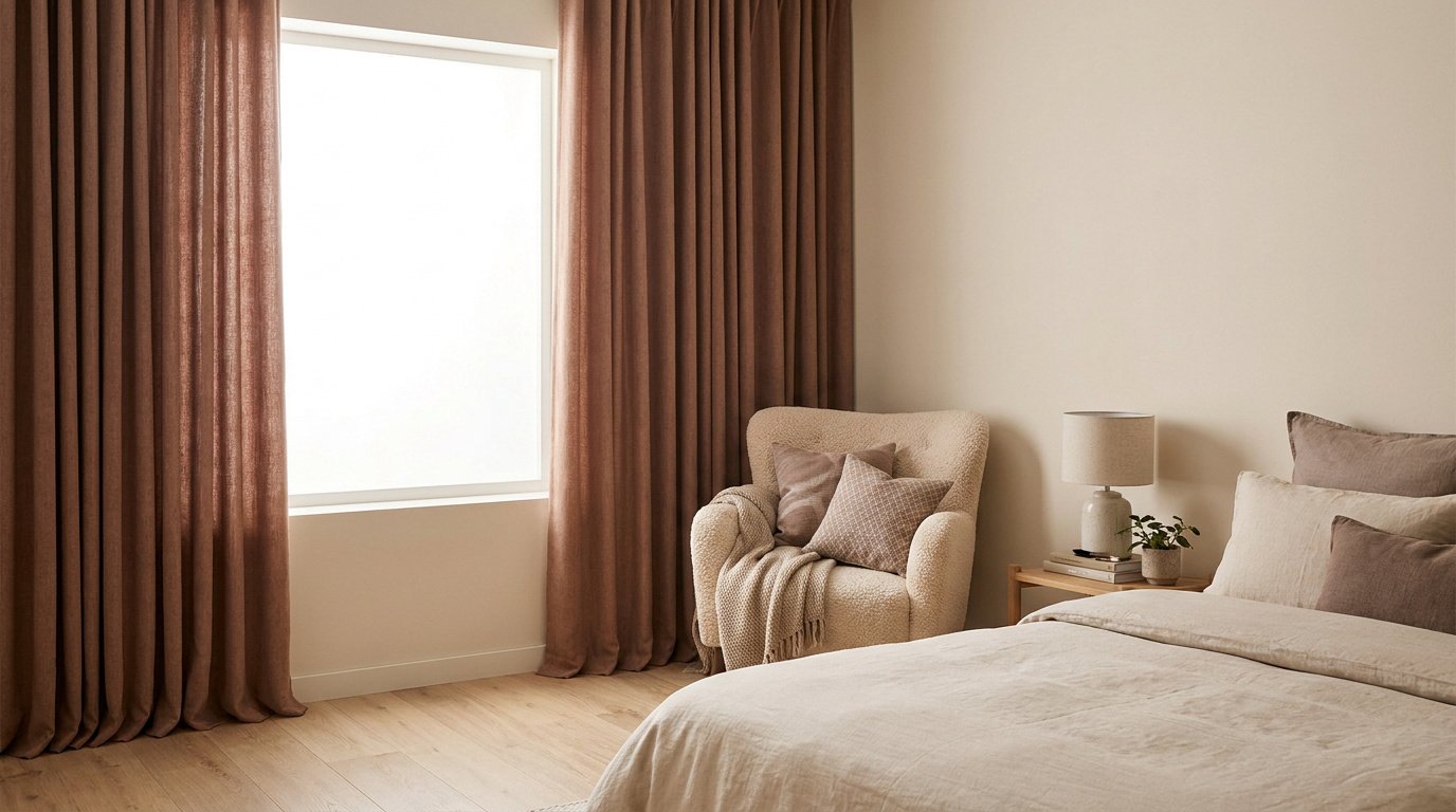 Chambre moderne avec rideaux marron texturés, un fauteuil confortable et un lit aux tons neutres.