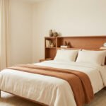Tête de lit en bois avec étagères intégrées et table de chevet dans une chambre lumineuse au style minimaliste.