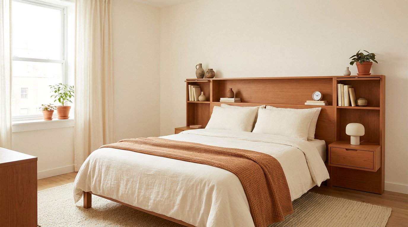 Tête de lit en bois avec étagères intégrées et table de chevet dans une chambre lumineuse au style minimaliste.