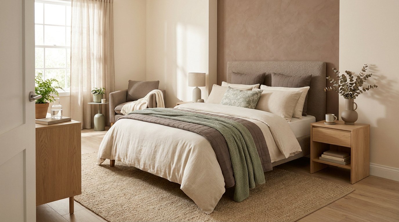 Chambre parentale moderne avec lit douillet, tons beiges et verts, style minimaliste et chaleureux.