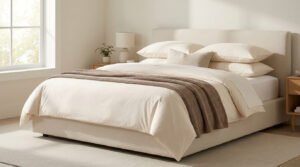 Lit moderne avec parure crème et jeté beige dans une chambre lumineuse et minimaliste.