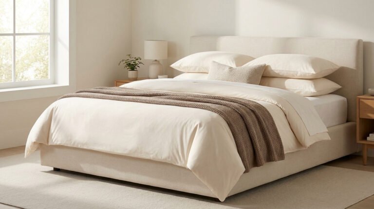 Lit moderne avec parure crème et jeté beige dans une chambre lumineuse et minimaliste.