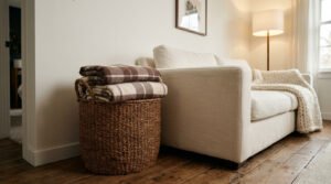 Un panier en osier rempli de plaids à carreaux marron placé à côté d'un canapé beige dans un salon chaleureux.