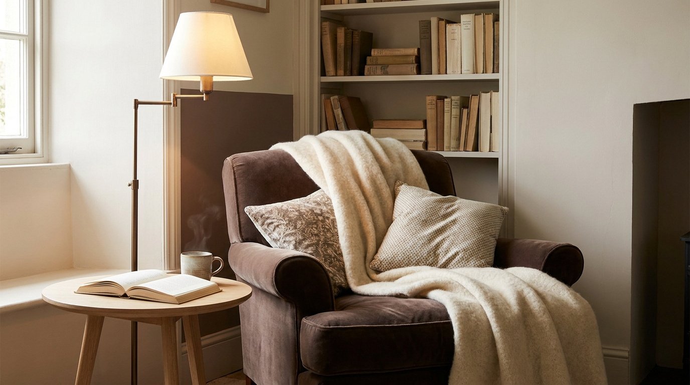 Un fauteuil marron confortable avec un plaid, une lampe sur pied et une petite table basse près d'une bibliothèque.