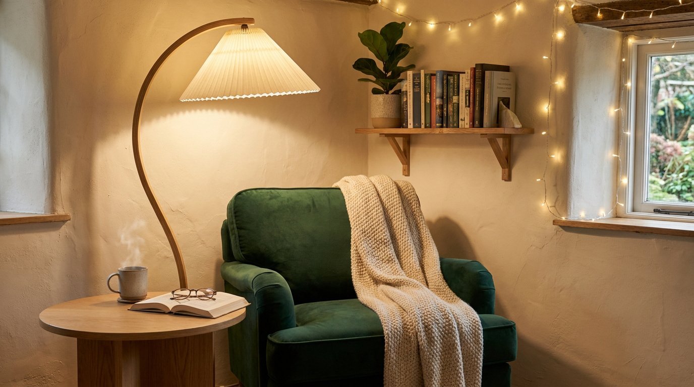 Un fauteuil vert confortable avec un plaid, une lampe sur pied, une table basse avec un livre et une étagère à livres.