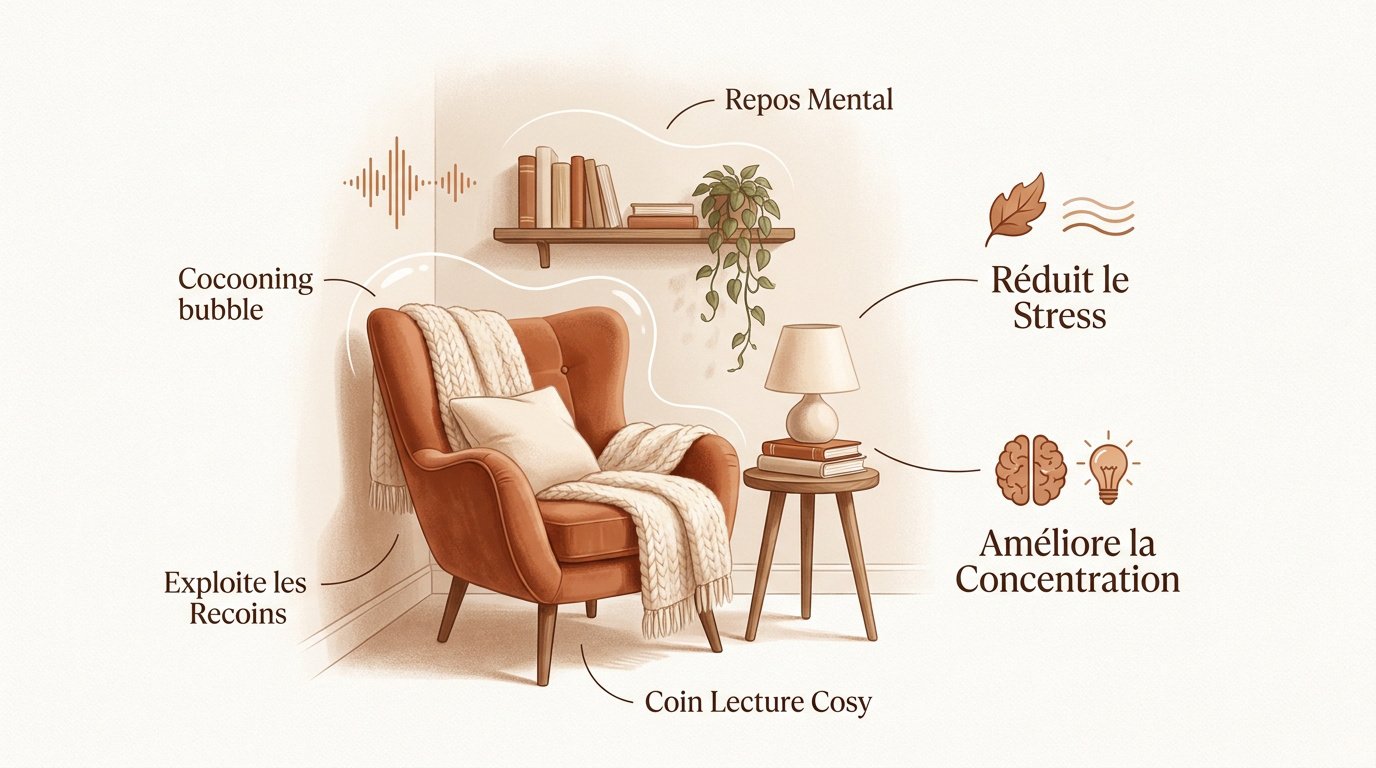 Aménagement d'un coin lecture cosy avec fauteuil confortable et lumière douce