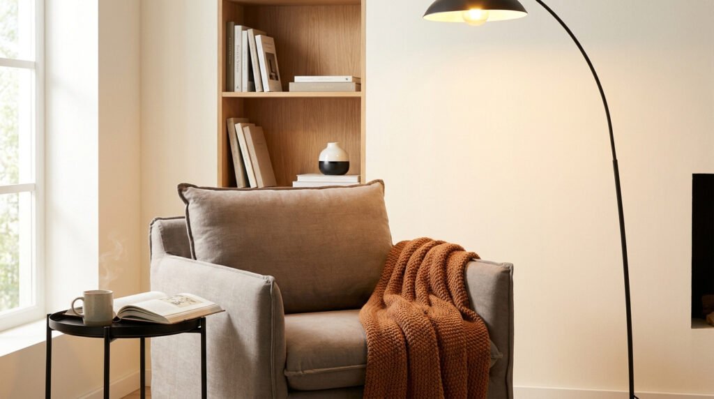 Un fauteuil gris confortable avec un plaid, une lampe sur pied et une étagère remplie de livres près d'une fenêtre.