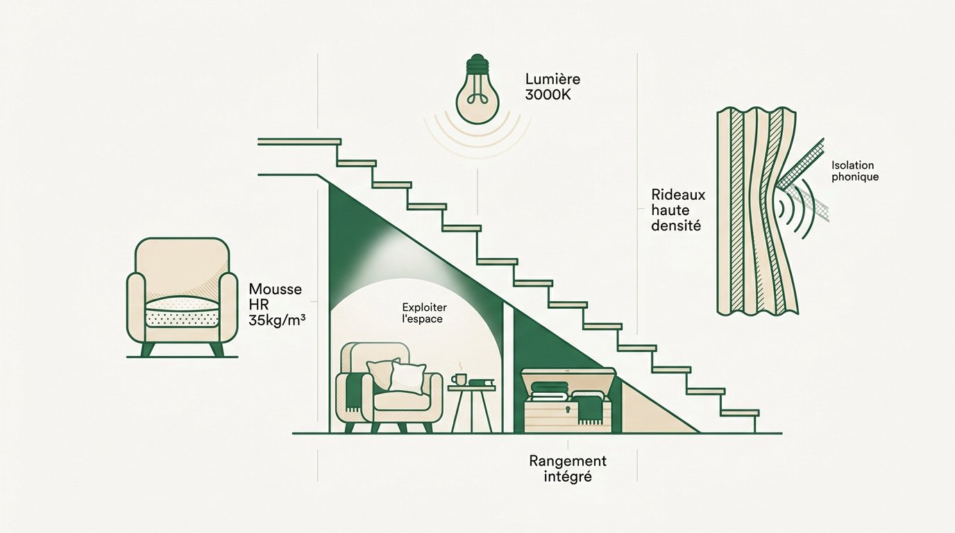 Aménagement d'un coin lecture sur mesure sous un escalier avec étagères et banquette confortable
