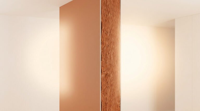 Coupe transversale d'un mur montrant une couche d'isolant minéral entre deux plaques de plâtre.
