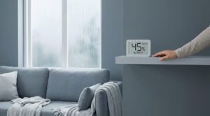 Une main effleure un hygromètre numérique affichant 45% d'humidité près d'une fenêtre couverte de condensation.