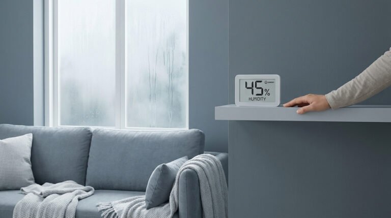 Une main effleure un hygromètre numérique affichant 45% d'humidité près d'une fenêtre couverte de condensation.