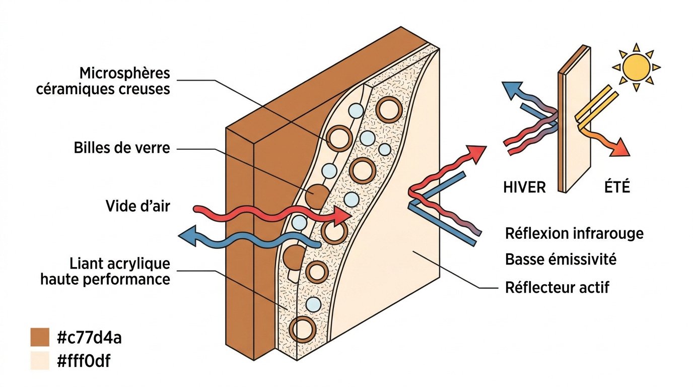 Diagramme explicatif du fonctionnement des microsphères de céramique dans la peinture isolante