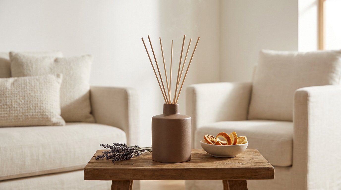Diffuseur à bâtonnets en céramique brune sur une table en bois avec de la lavande et des écorces d'agrumes.