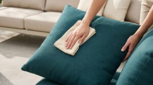 Mains nettoyant un coussin d'extérieur bleu sarcelle avec un chiffon en microfibre beige.