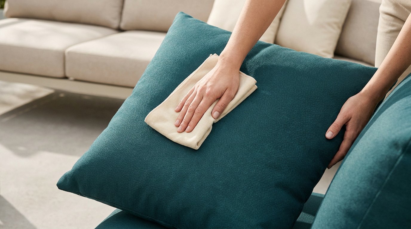 Mains nettoyant un coussin d'extérieur bleu sarcelle avec un chiffon en microfibre beige.