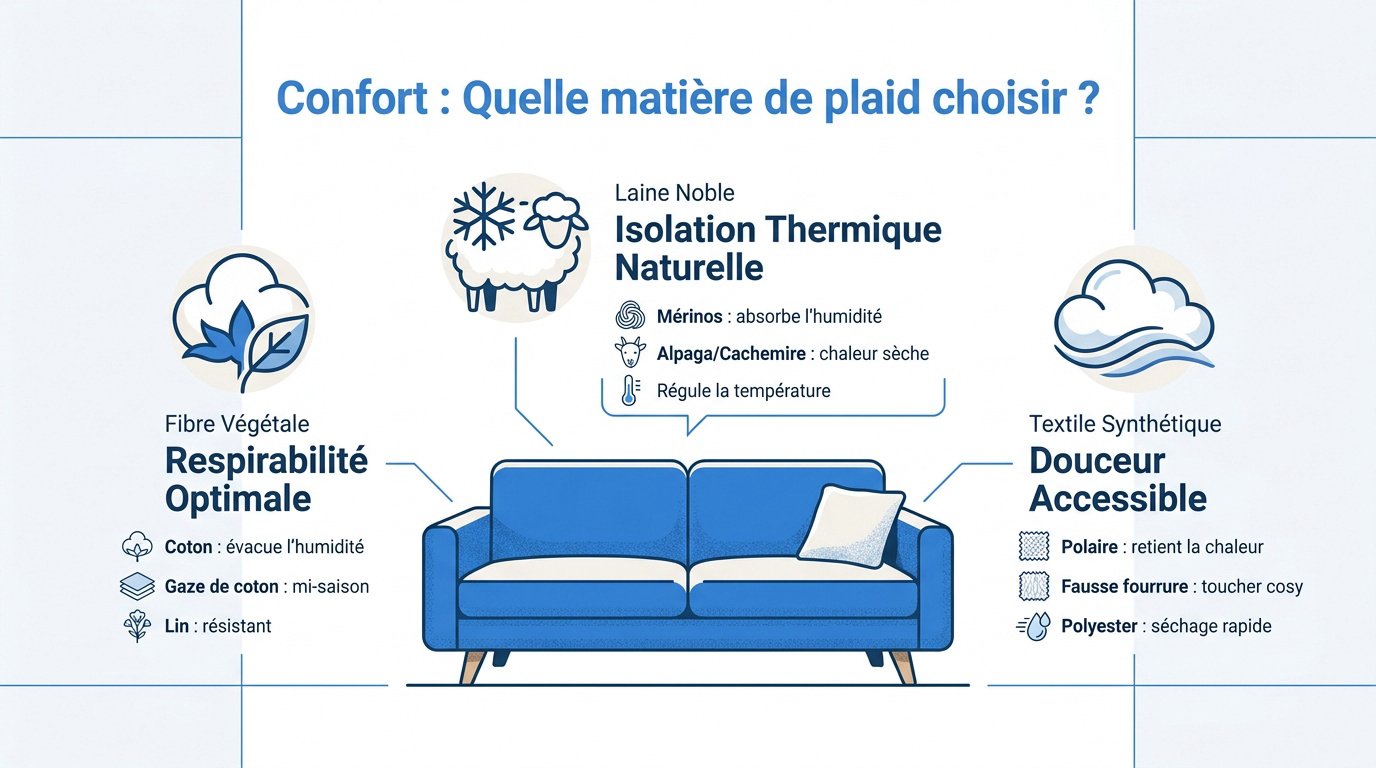 Comparatif des matières de plaids pour canapé entre laine, coton et synthétique