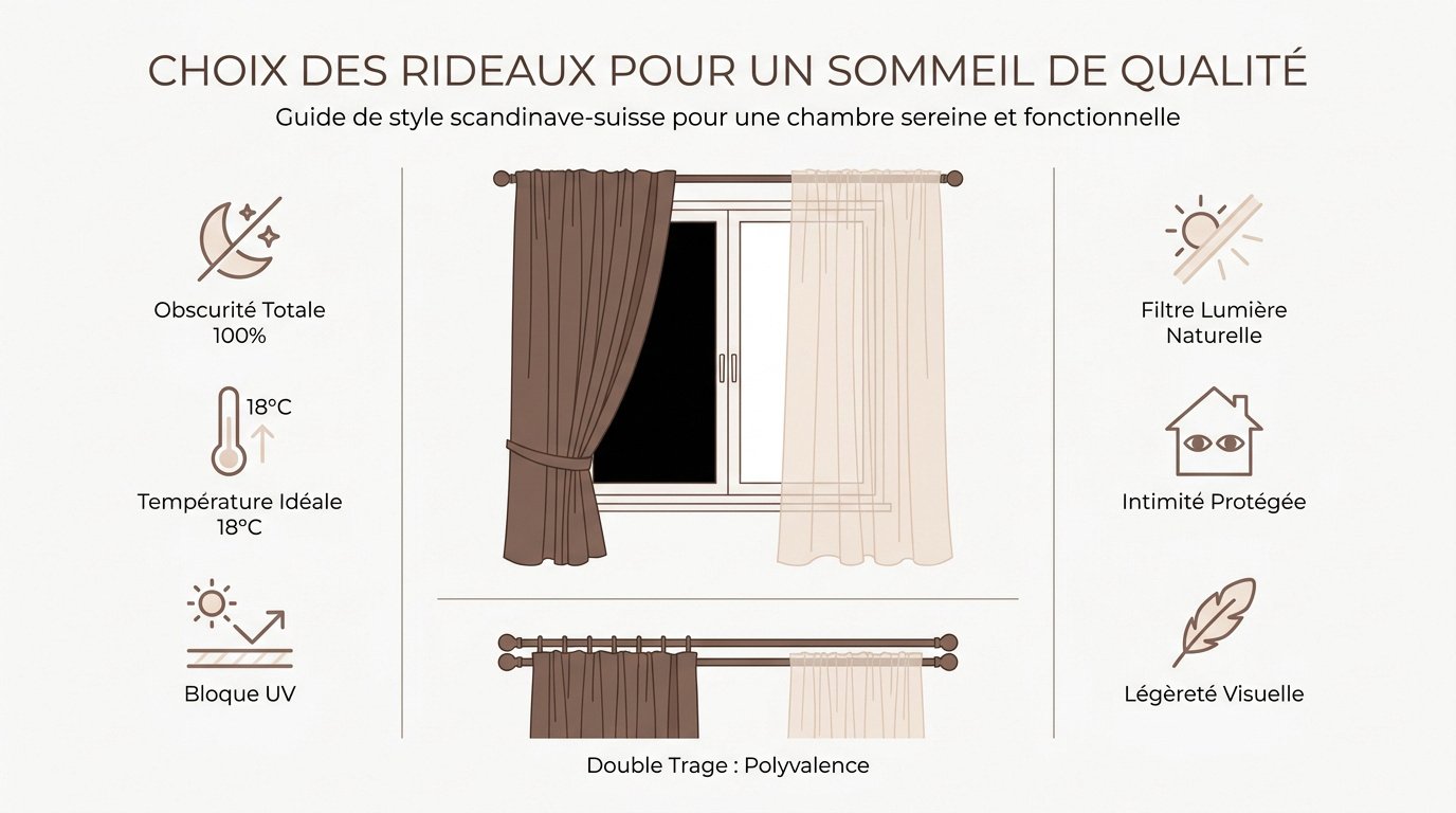 Rideaux occultants gris installés dans une chambre moderne pour un sommeil profond