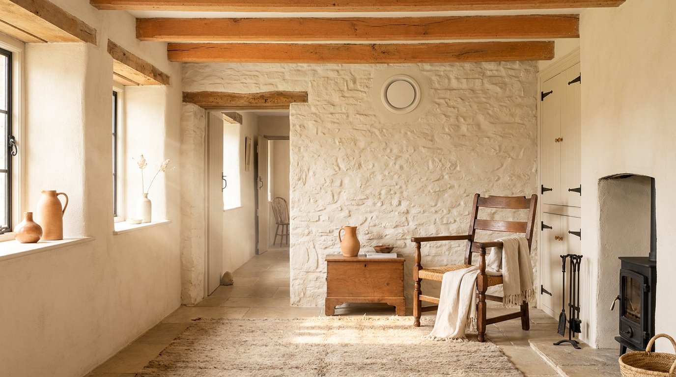 Intérieur rustique avec murs en pierre, poutres apparentes et bouche de ventilation discrète intégrée au mur.