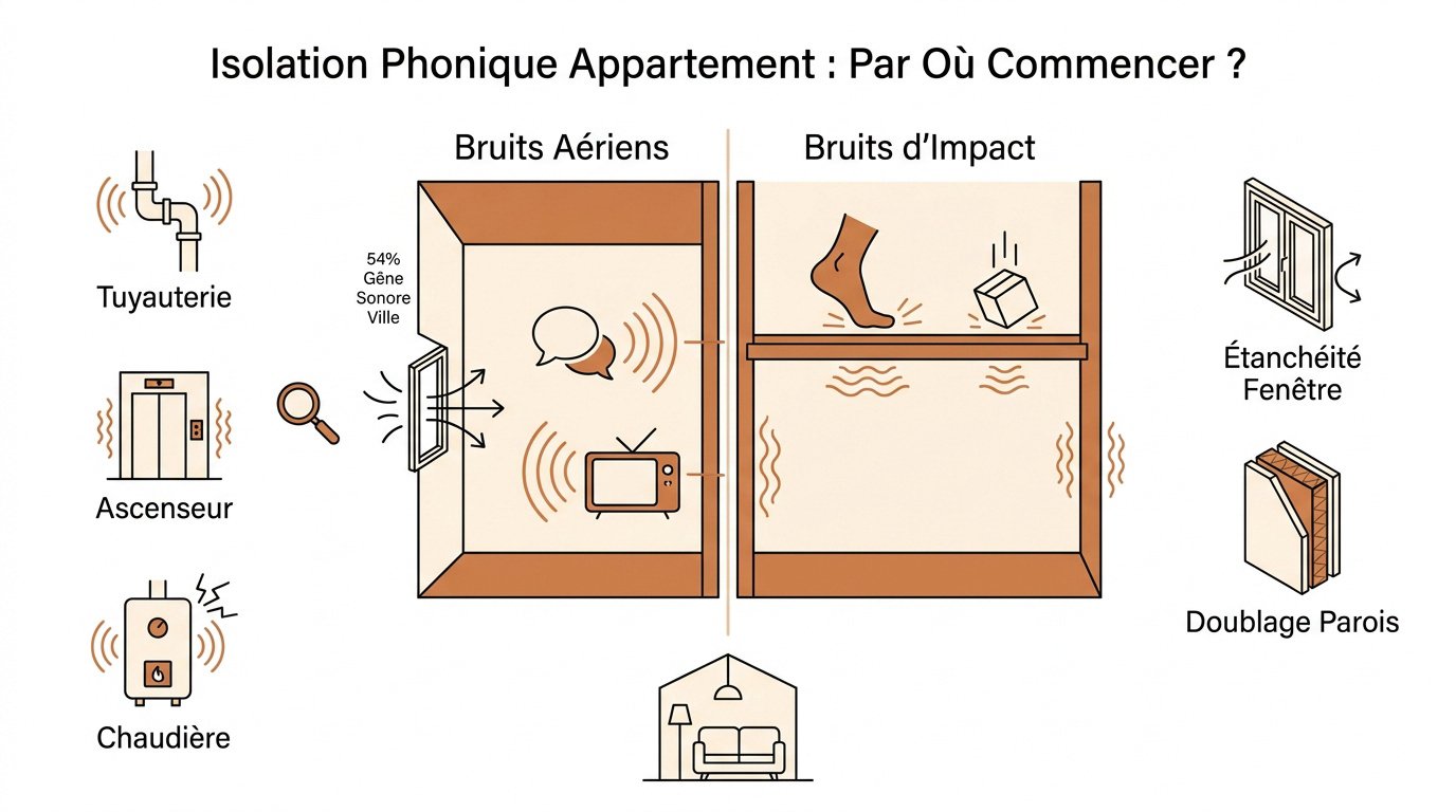 Schéma des sources de nuisances sonores dans un appartement urbain