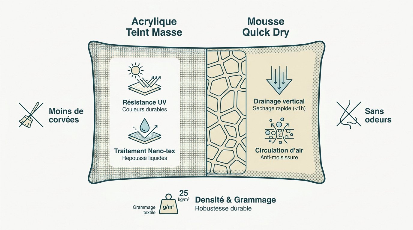 gros plan sur la texture d'un tissu de coussin extérieur technique et résistant
