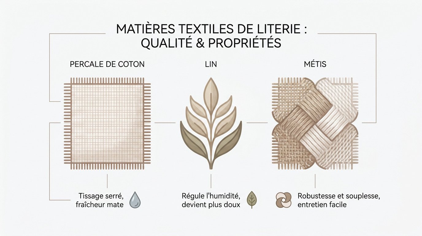 Comparatif des matières de linge de lit coton percale lin et satin