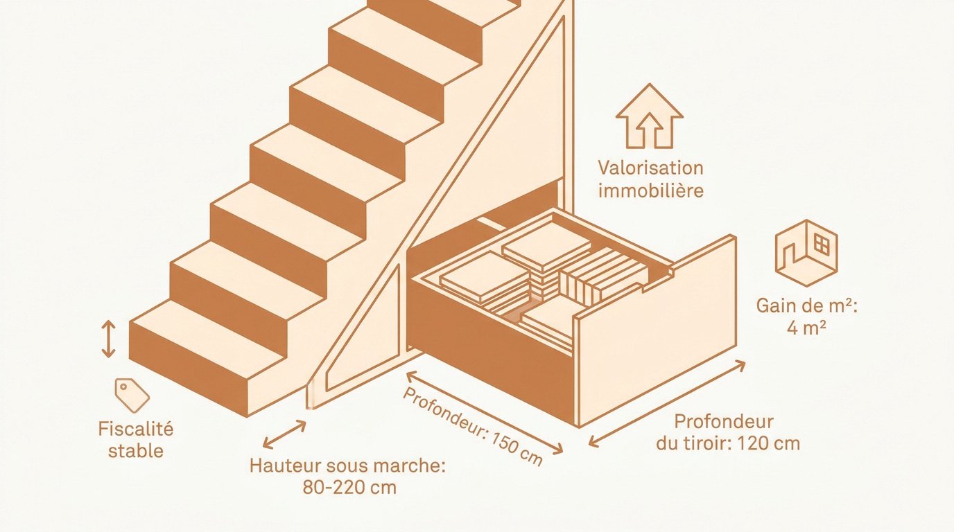 Aménagement de placards et tiroirs sur mesure sous un escalier en bois