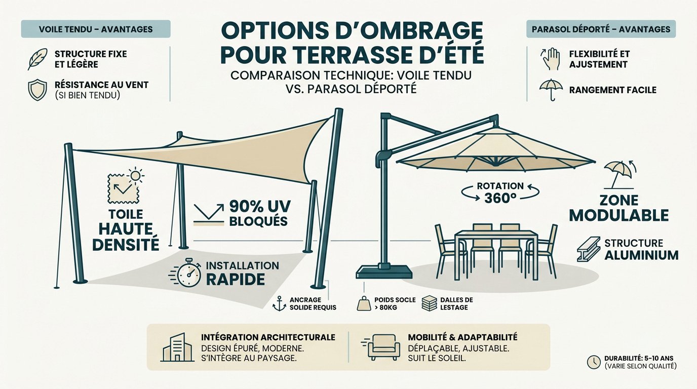 Comparaison entre un voile d'ombrage tendu et un parasol déporté sur une terrasse ensoleillée