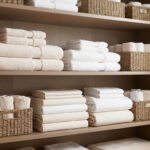 Étagères organisées avec des piles de serviettes et de draps dans des paniers en osier.