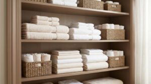 Étagères organisées avec des piles de serviettes et de draps dans des paniers en osier.