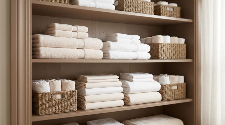 Étagères organisées avec des piles de serviettes et de draps dans des paniers en osier.