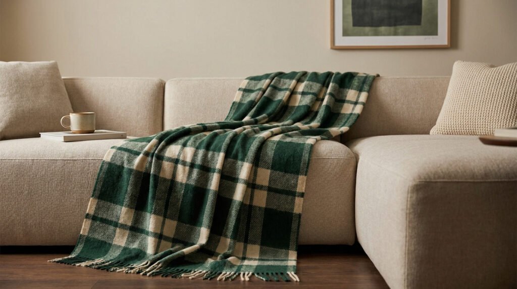 Plaid à carreaux vert et beige drapé sur un canapé beige dans un salon cosy.