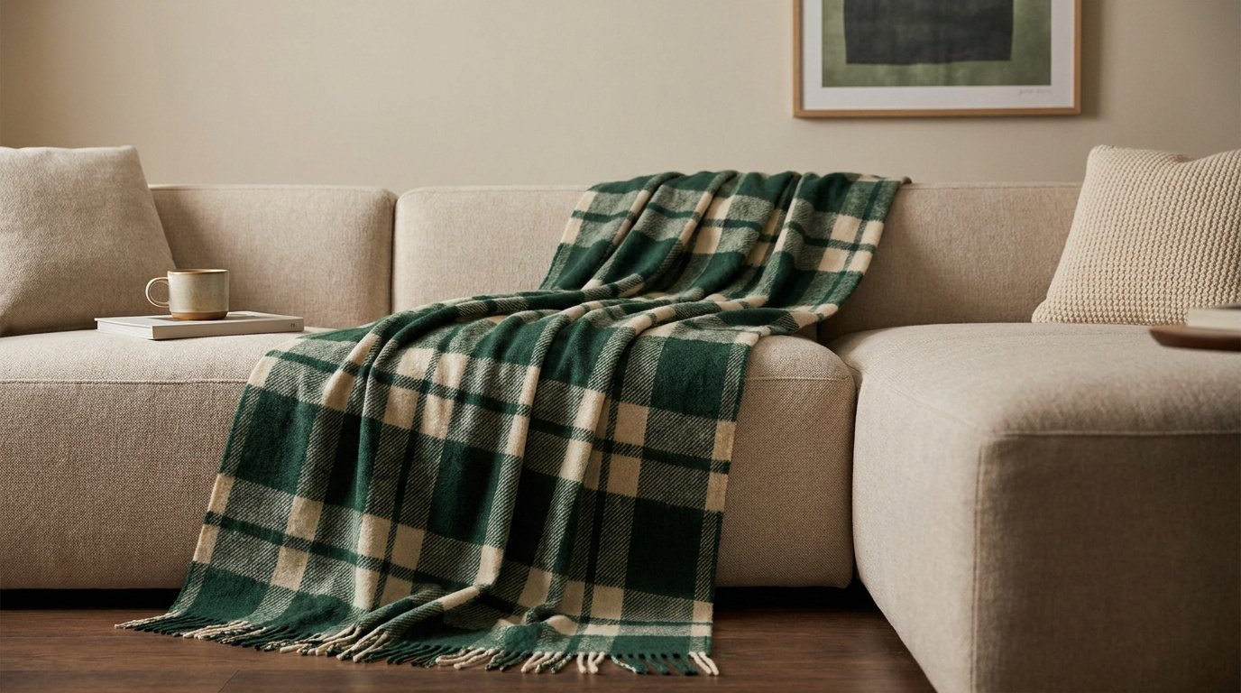 Plaid à carreaux vert et beige drapé sur un canapé beige dans un salon cosy.