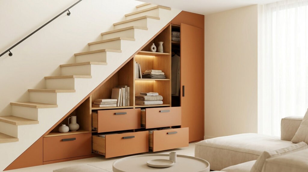 Meuble de rangement sur mesure en bois et terracotta installé sous un escalier moderne avec étagères, tiroirs et penderie.