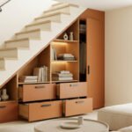 Meuble de rangement sur mesure en bois et terracotta installé sous un escalier moderne avec étagères, tiroirs et penderie.