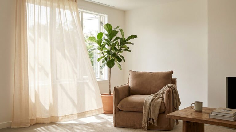 Salon lumineux avec rideaux en lin clairs, un fauteuil confortable et une plante verte pour créer de la fraîcheur.