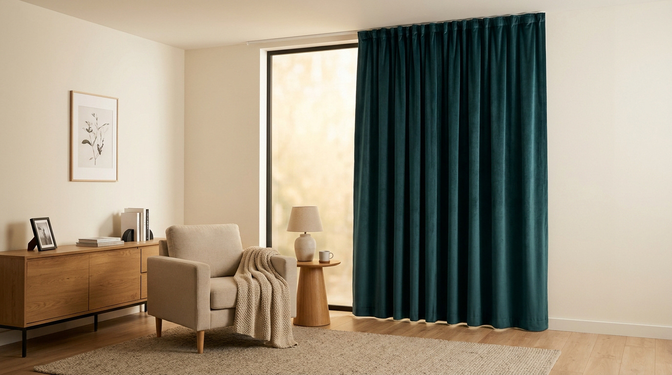 Rideau épais en velours vert foncé couvrant une grande baie vitrée dans un salon au design minimaliste et chaleureux.