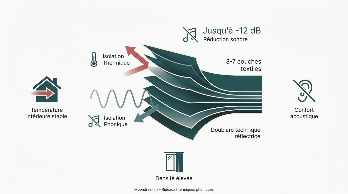 Rideau thermique et phonique multicouche haute densité pour isolation de fenêtre