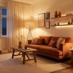 Salon douillet avec canapé orange, éclairage indirect, lampadaires et étagères illuminées dans une ambiance chaleureuse.