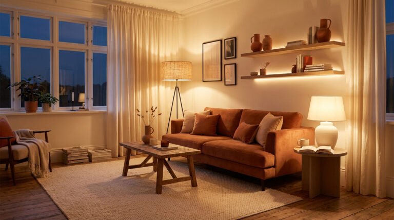 Salon douillet avec canapé orange, éclairage indirect, lampadaires et étagères illuminées dans une ambiance chaleureuse.