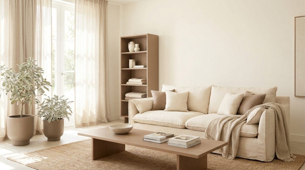 Salon minimaliste aux tons beiges avec canapé confortable, table basse en bois et plantes dans des pots en terre cuite.